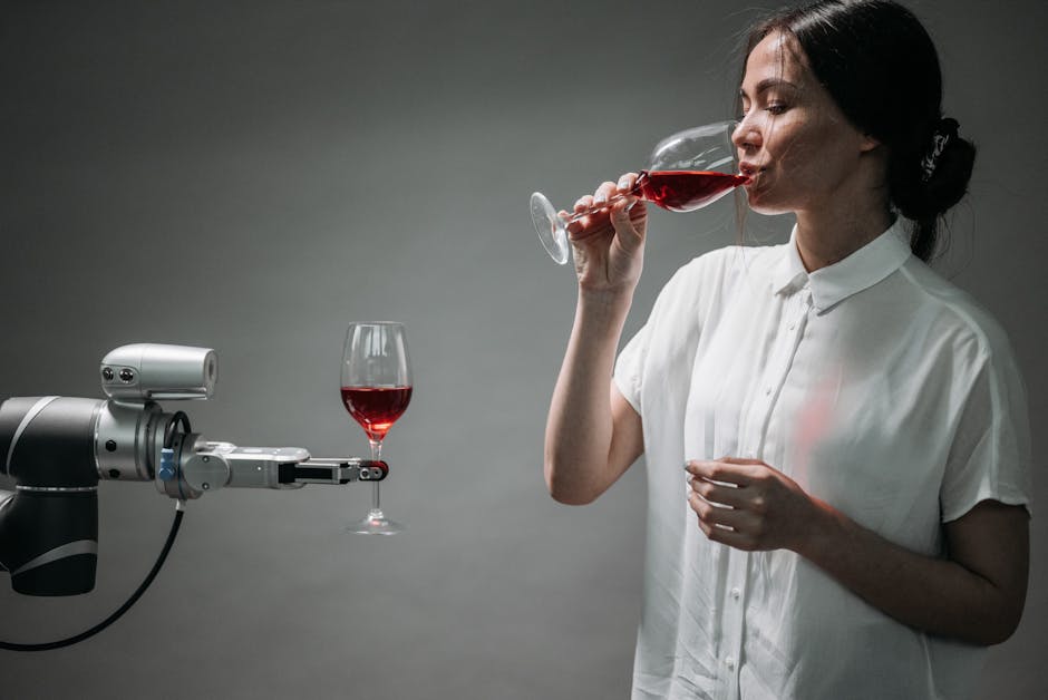 A woman in a white shirt drinking red wine interacts with a robot arm holding a wine glass.