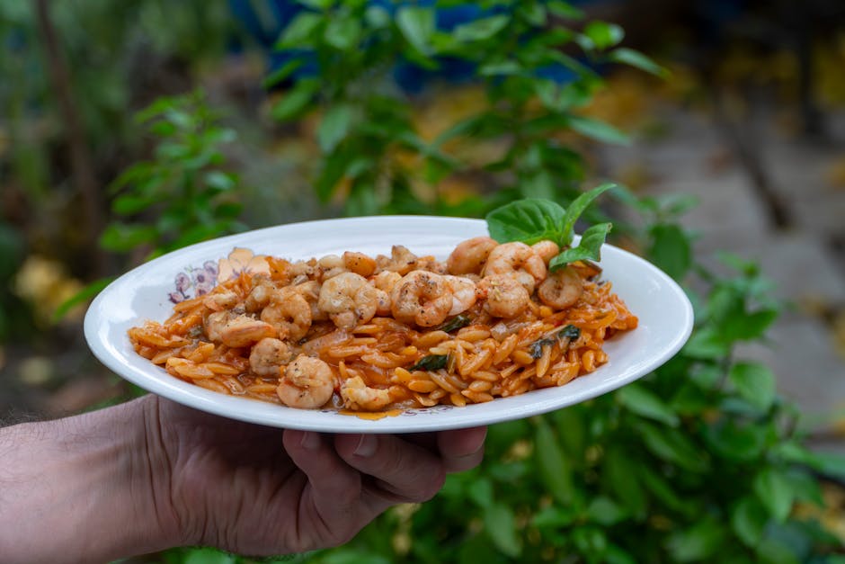 A mouth-watering shrimp orzo dish served on a white plate, held in a Greek garden.