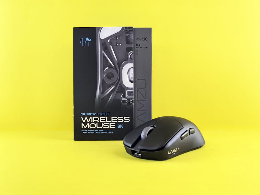 High-quality image of a wireless gaming mouse with its packaging against a vibrant yellow background.