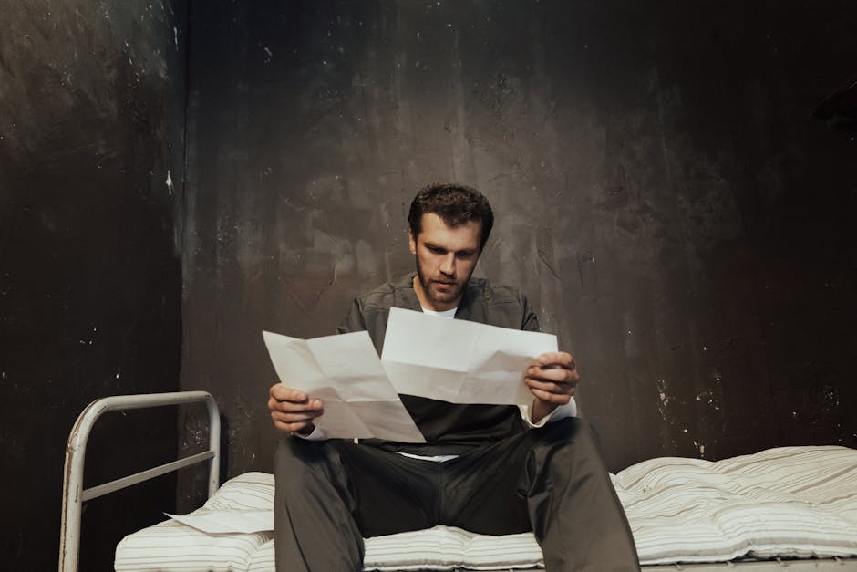 A prisoner sits on a bed in a cell reading papers, highlighting confinement themes.